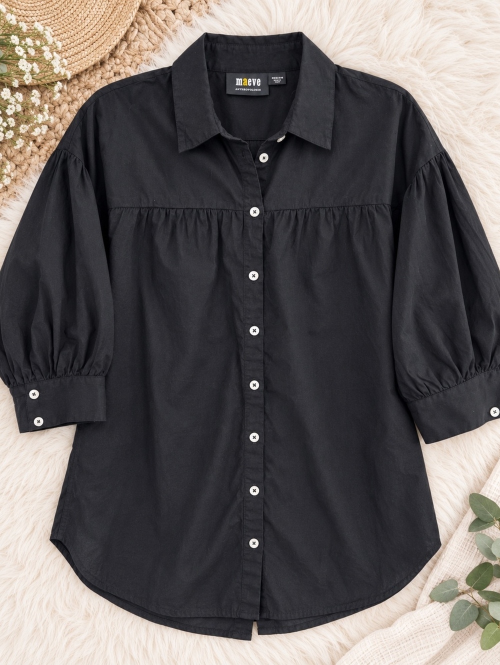 Maeve Black Button-Up Shirt Medium Classic Cotton
